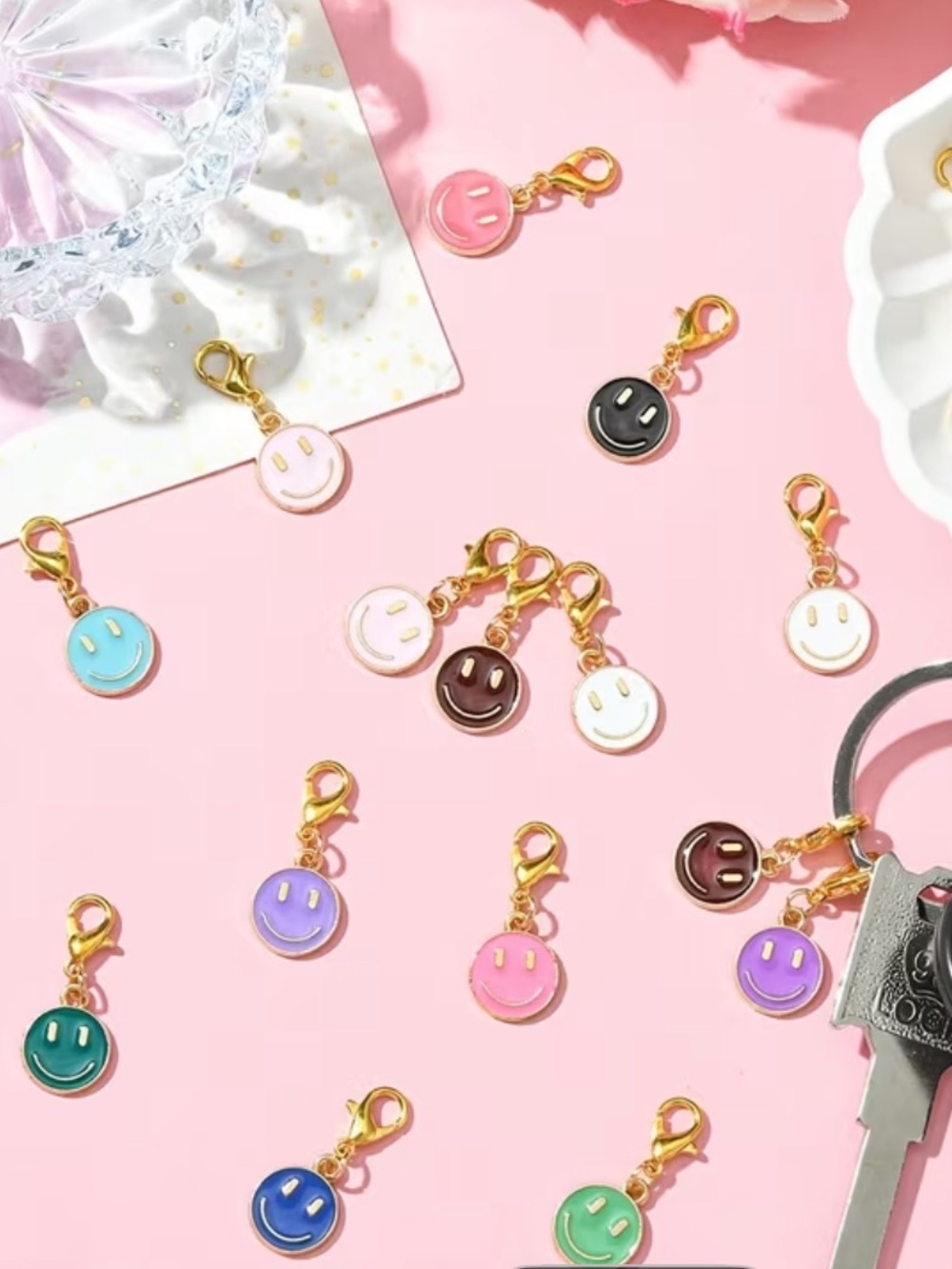 Smiley face 10pcs set charm Cute Enamel Keychain Charms Assorted Colors